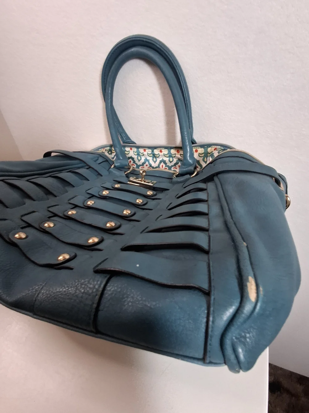 Big Buddha Teal Woven-Panel Tote with Gold Studs - Picture 13 of 14